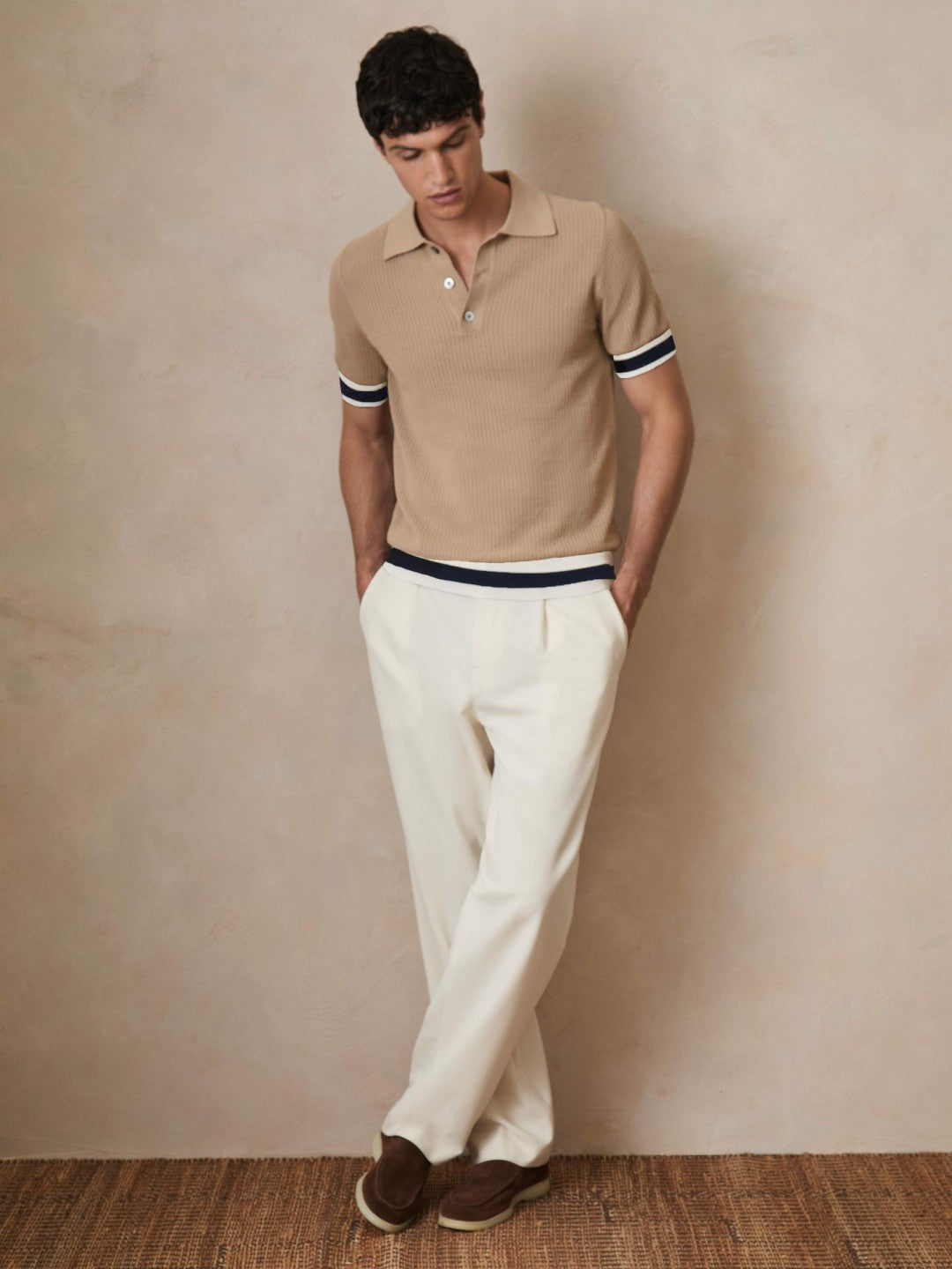 Reiss | Ché Cotton Knit Polo Shirt in Camel Brown