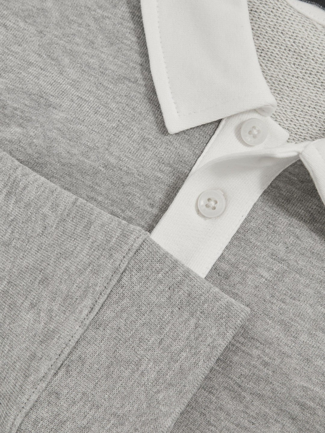 Reiss Cotton Half Button Rugby Polo Shirt in Grey Marl/White