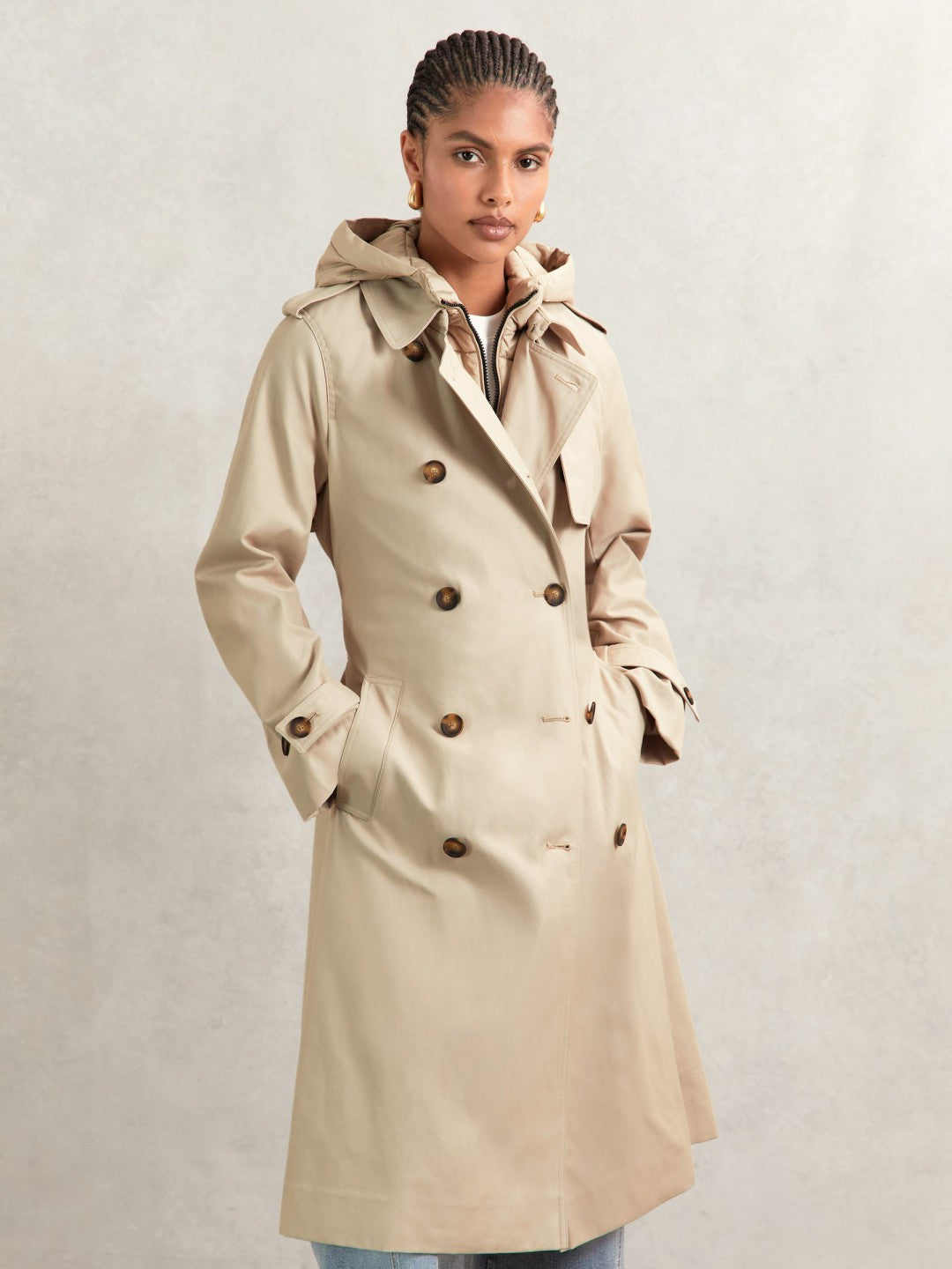 Reiss Petite Hooded Insert Trench Coat in Stone