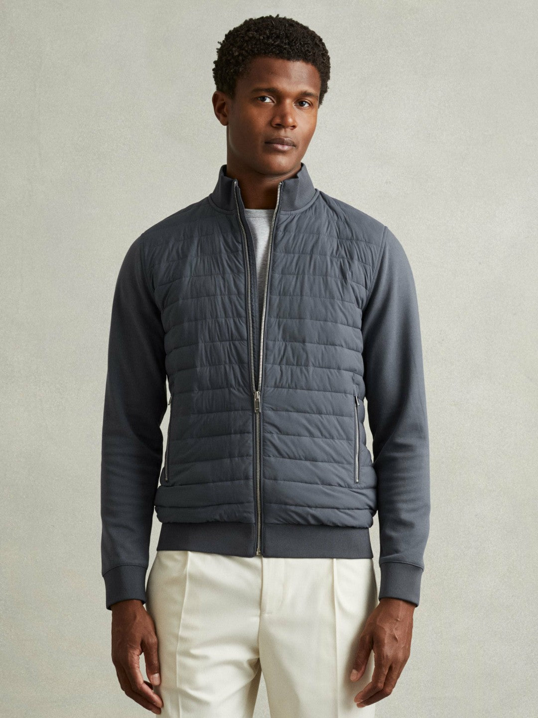 Reiss Hybrid Quilt and Knit Zip-Through Jacket in Airforce Blue