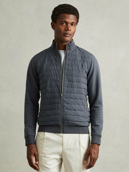 Reiss Hybrid Quilt and Knit Zip-Through Jacket in Airforce Blue