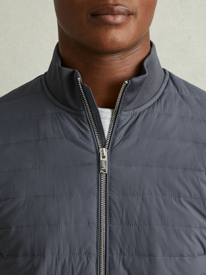 Reiss Hybrid Quilt and Knit Zip-Through Jacket in Airforce Blue