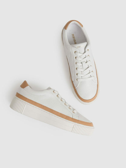 Reiss Grained Leather Platform Trainers in Camel/White