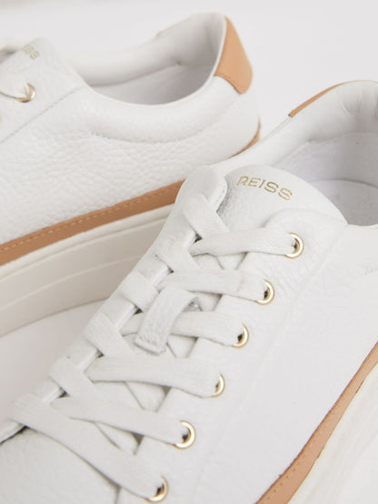 Reiss Grained Leather Platform Trainers in Camel/White