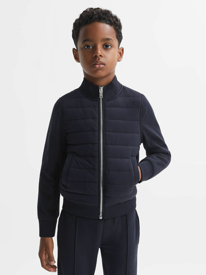 Reiss 3-9 yrs Funnel Neck Quilted Hybrid Jacket in Navy