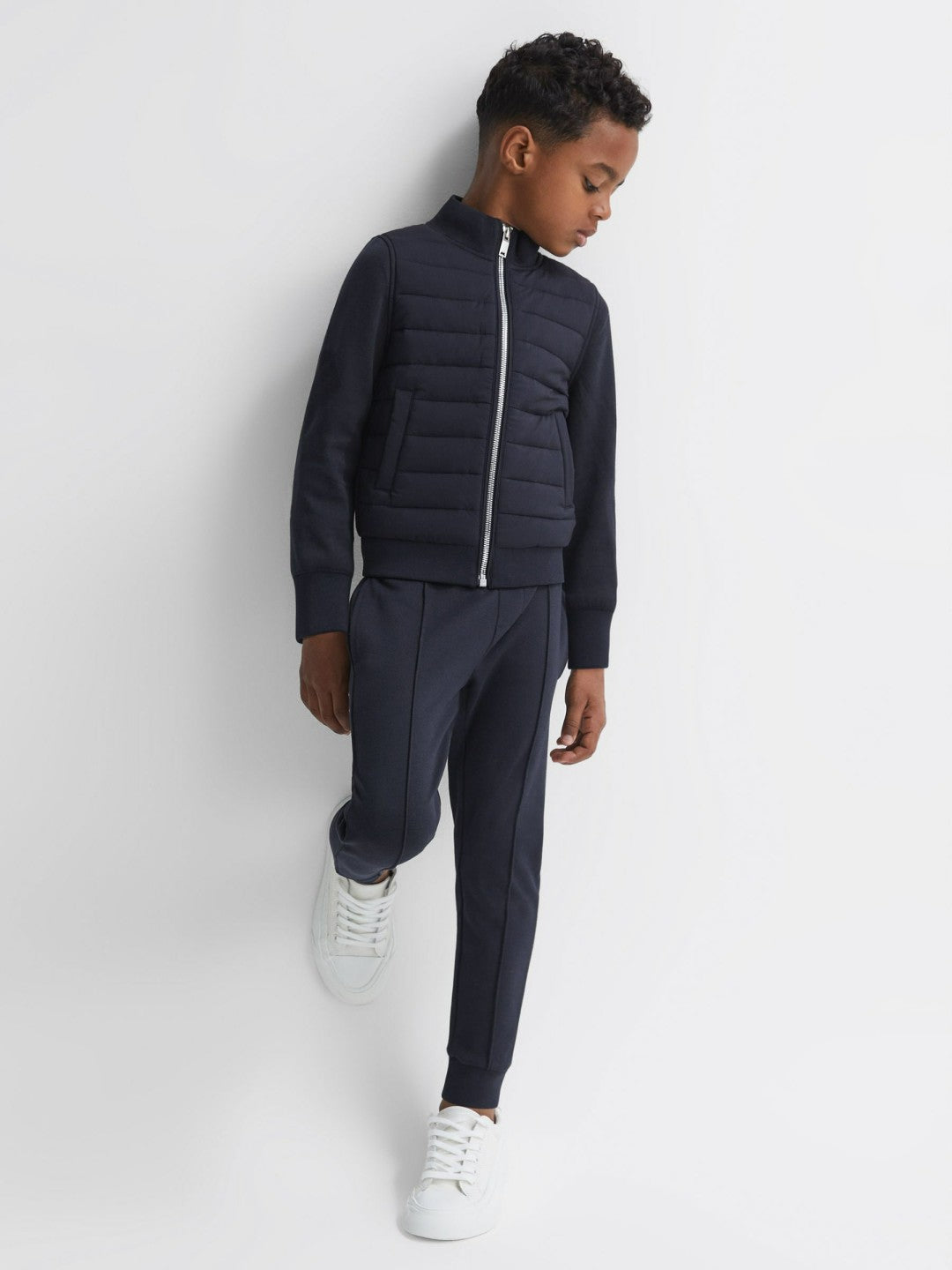 Reiss 3-9 yrs Funnel Neck Quilted Hybrid Jacket in Navy