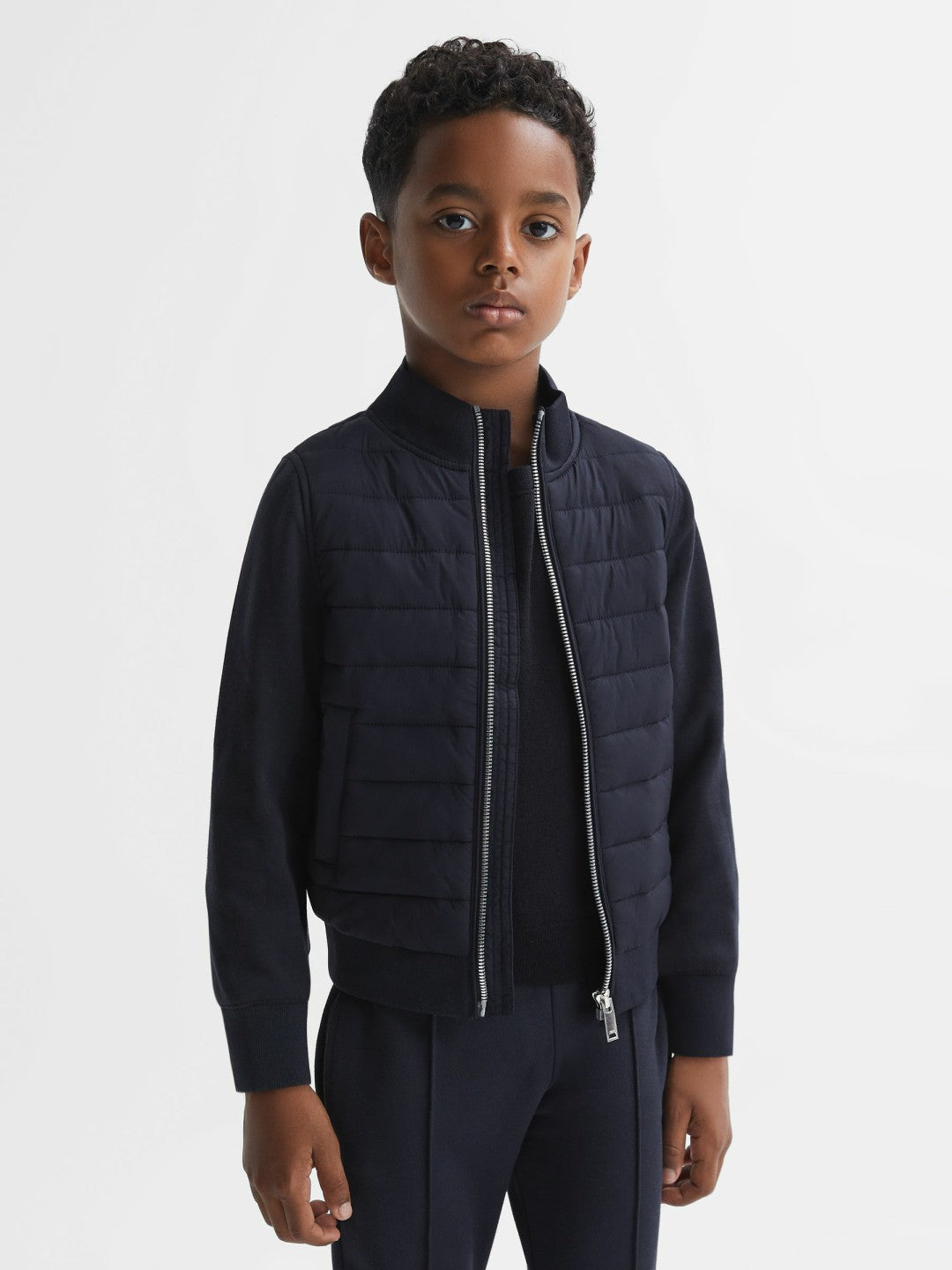 Reiss 3-9 yrs Funnel Neck Quilted Hybrid Jacket in Navy