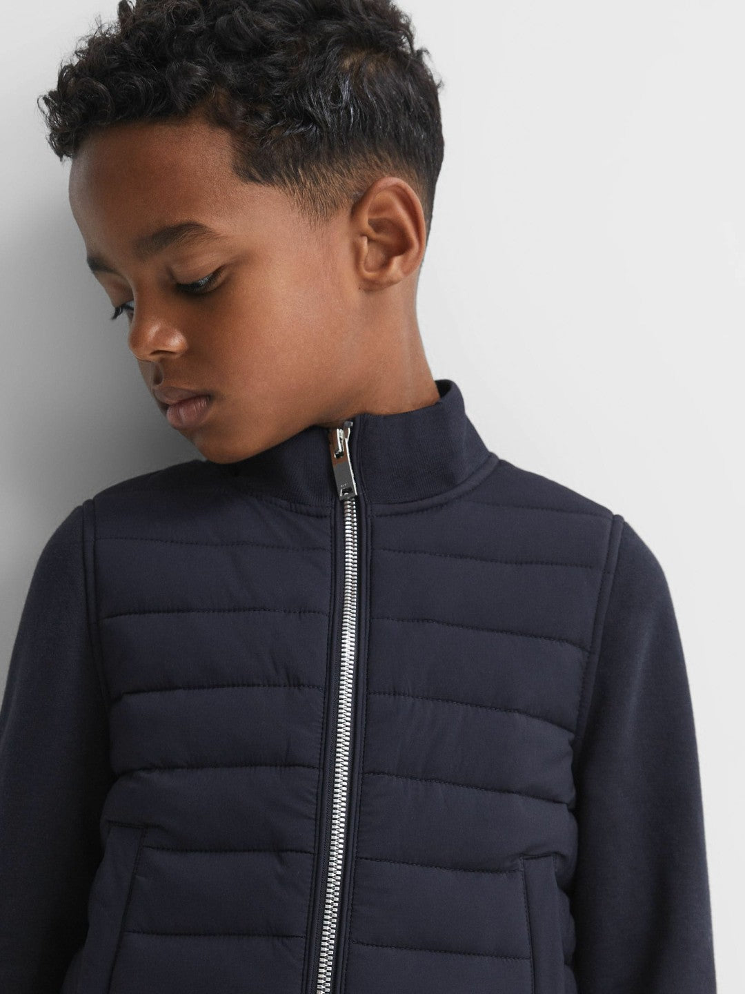 Reiss 3-9 yrs Funnel Neck Quilted Hybrid Jacket in Navy