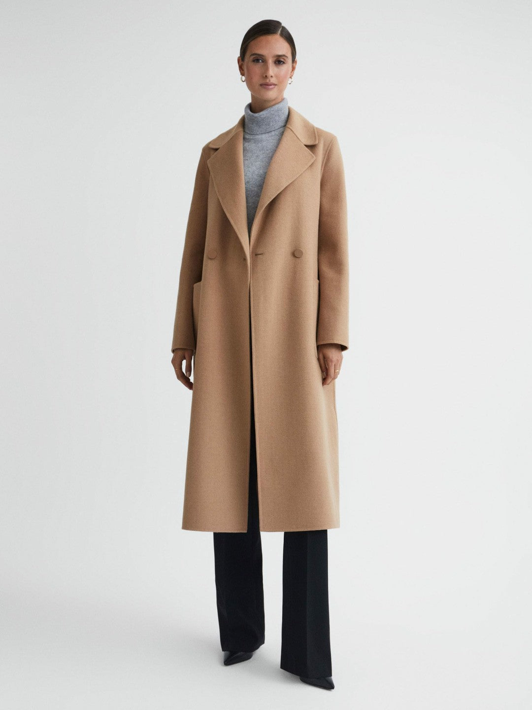Reiss Long Wool Blend Blindseam Coat in Camel