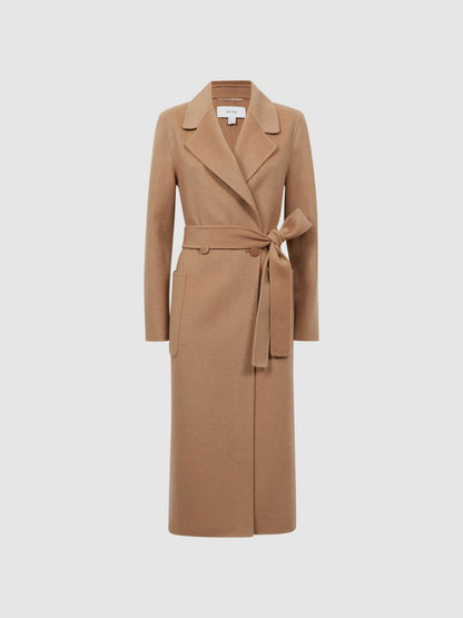 Reiss Long Wool Blend Blindseam Coat in Camel