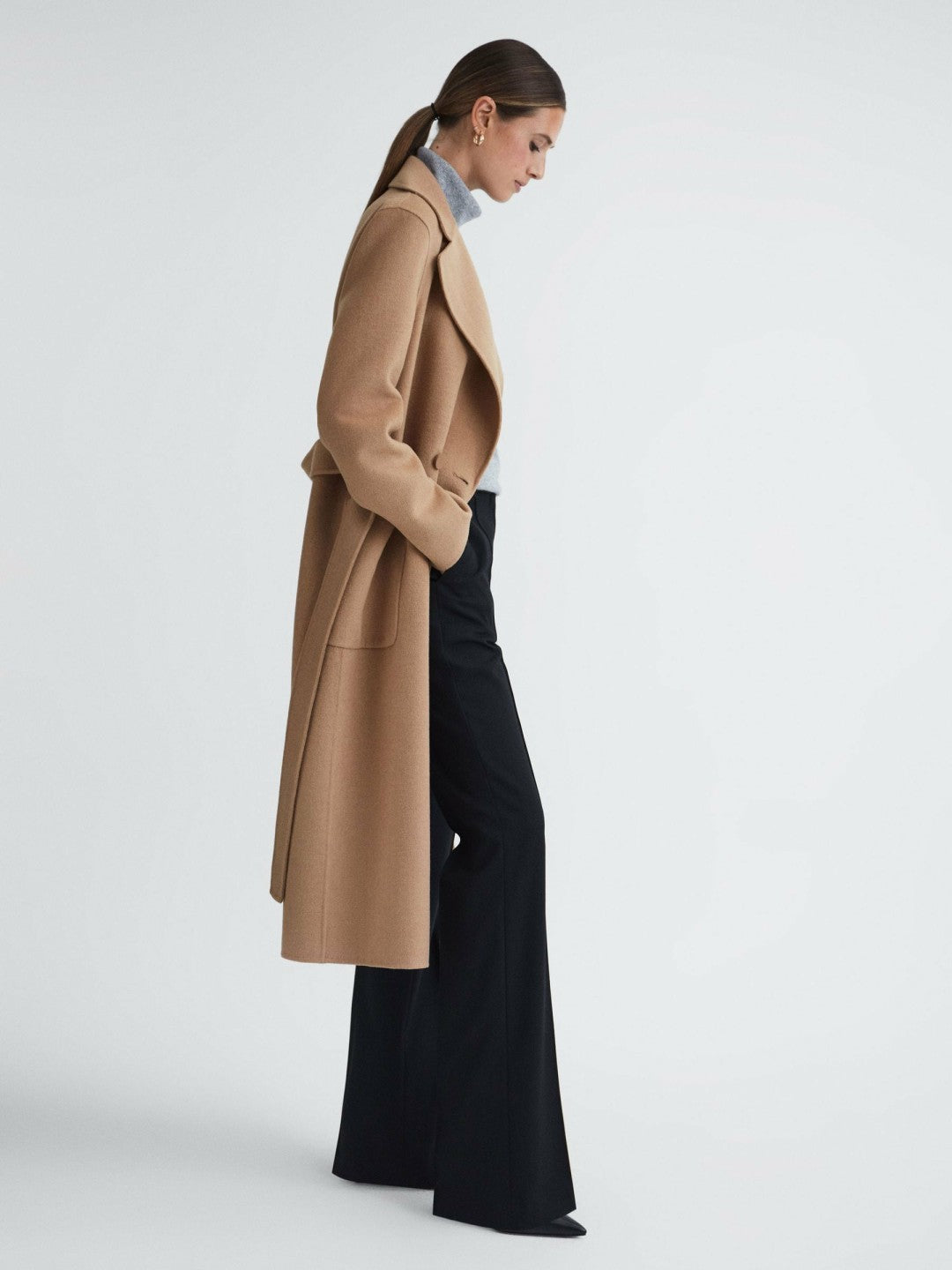 Reiss Long Wool Blend Blindseam Coat in Camel