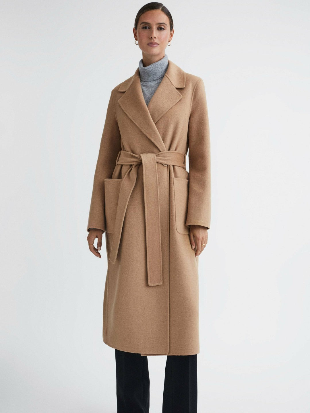 Reiss Long Wool Blend Blindseam Coat in Camel