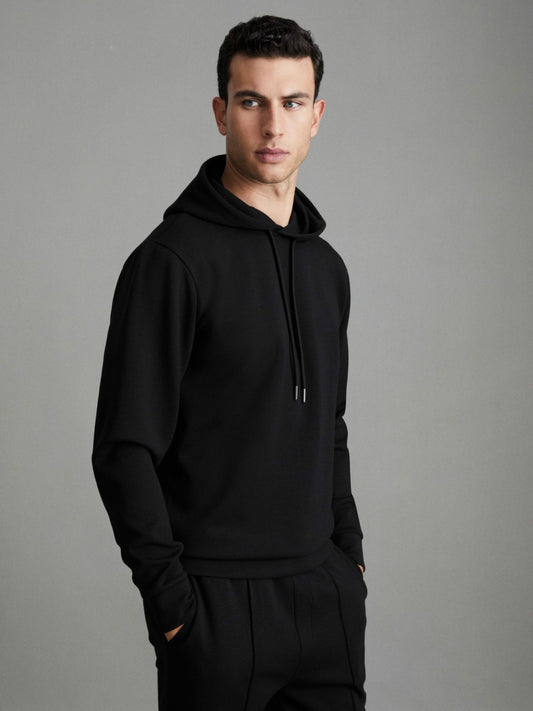 Reiss Interlock Jersey Drawstring Hoodie in Black
