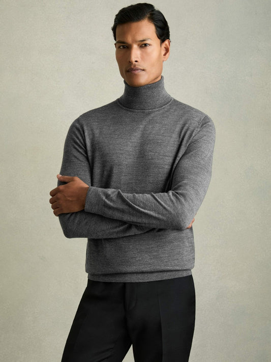 Reiss Slim Fit Merino Wool Roll Neck Jumper in Derby Grey Marl