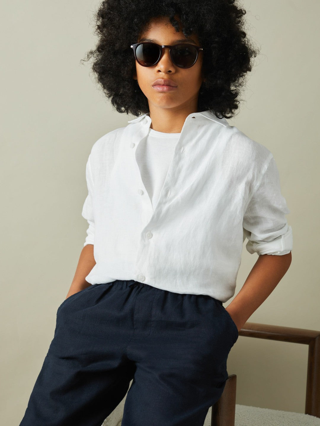 Reiss 9-13 yrs Striped Linen Cutaway Collar Shirt in White