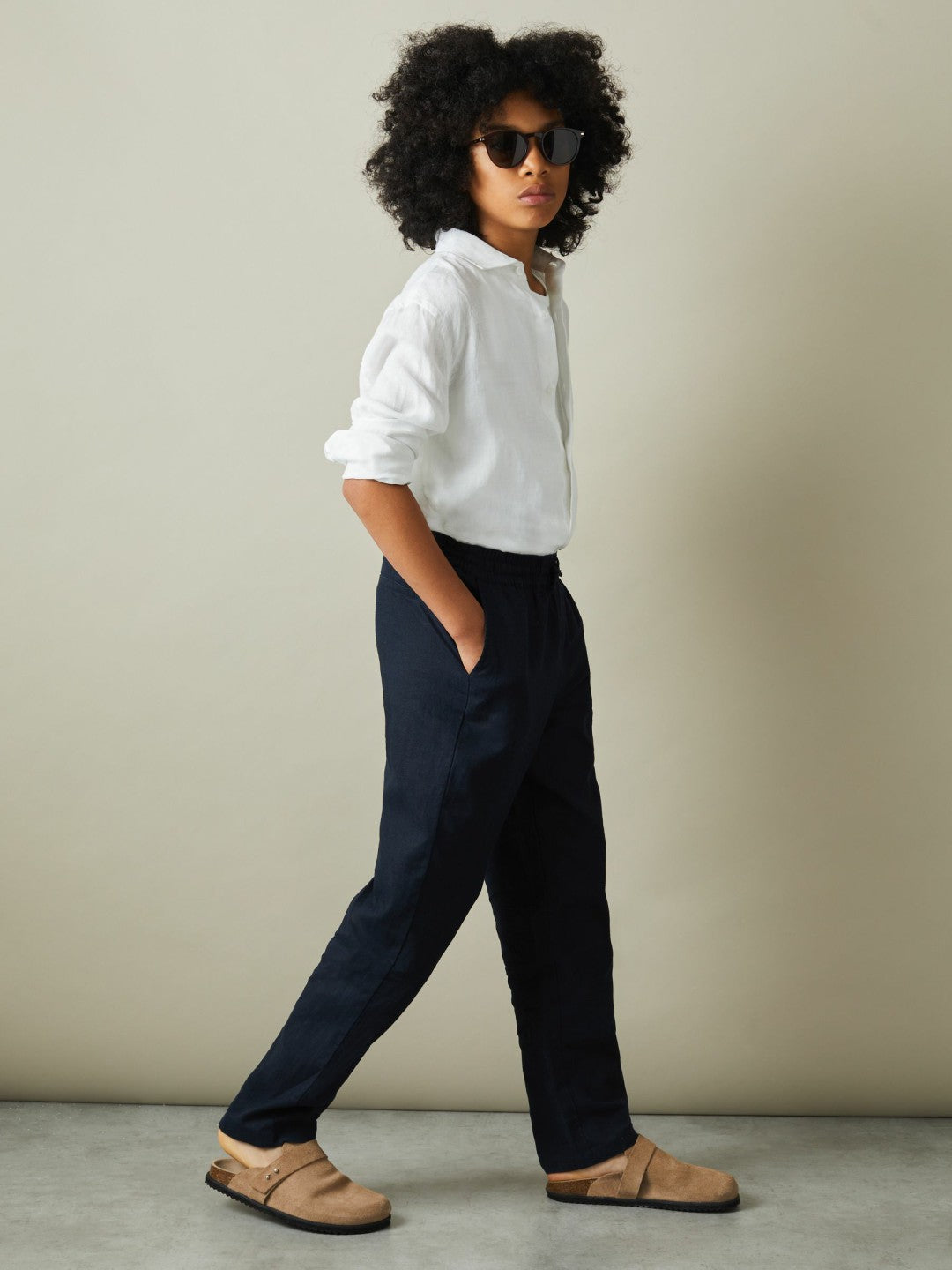 Reiss 9-13 yrs Striped Linen Cutaway Collar Shirt in White