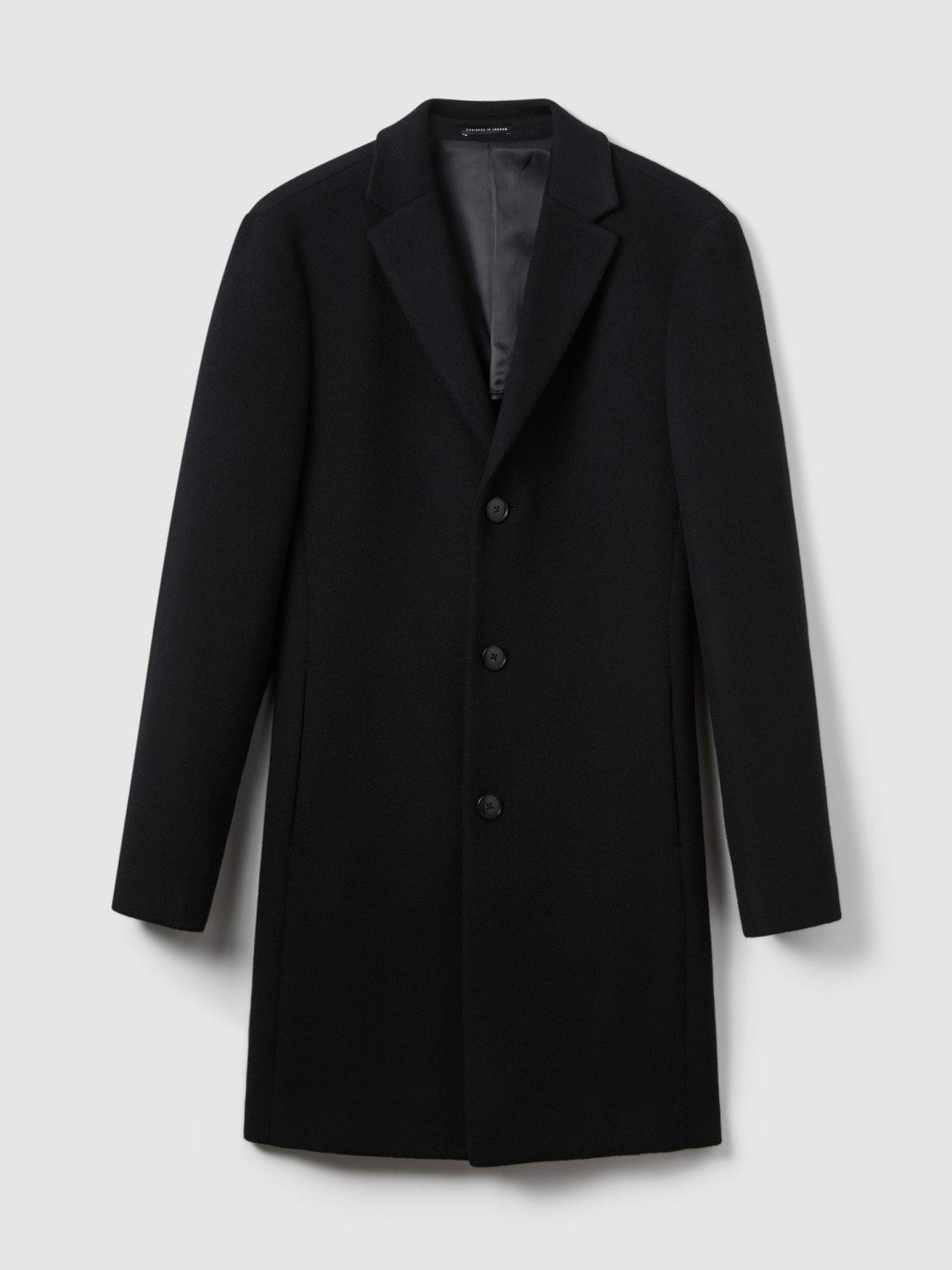 Reiss Wool Blend Single Breasted Epsom Overcoat in Black