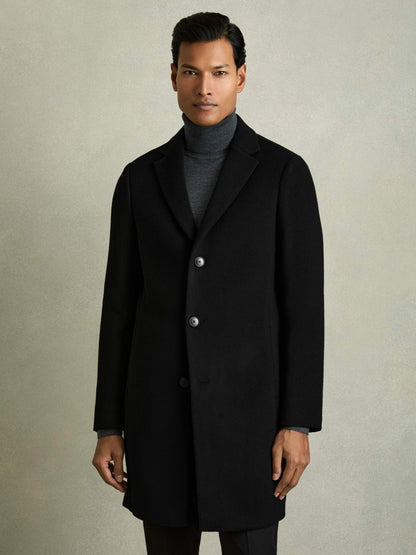 Reiss Wool Blend Single Breasted Epsom Overcoat in Black