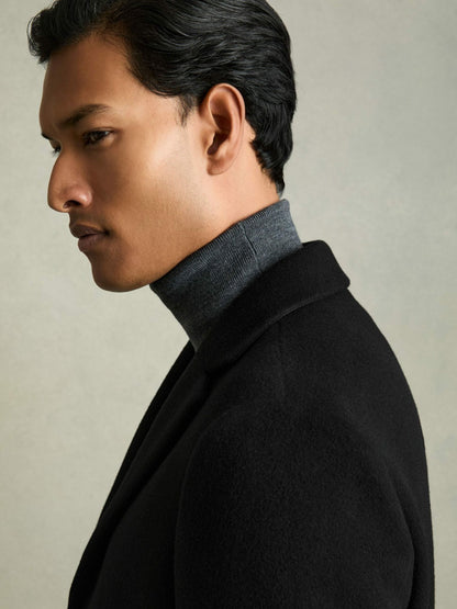 Reiss Wool Blend Single Breasted Epsom Overcoat in Black