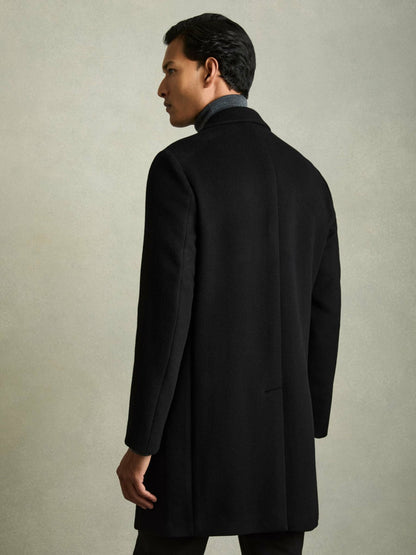 Reiss Wool Blend Single Breasted Epsom Overcoat in Black