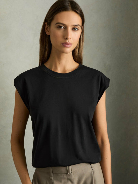 Reiss Cotton Capped Sleeve T-Shirt in Black
