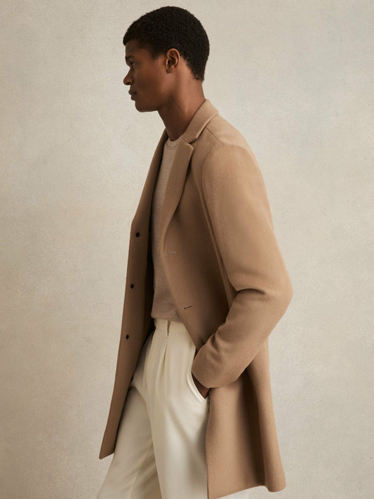 Reiss Wool Blend Single Breasted Epsom Overcoat in Camel