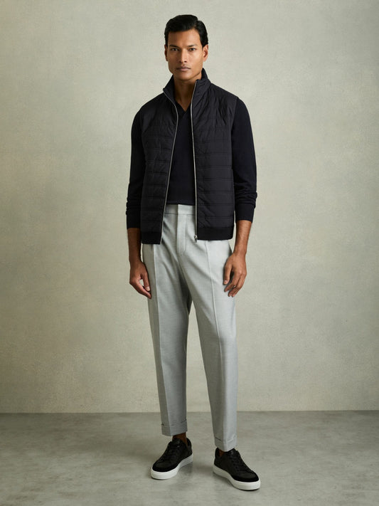 Reiss Hybrid Quilt and Knit Zip-Through Gilet in Navy