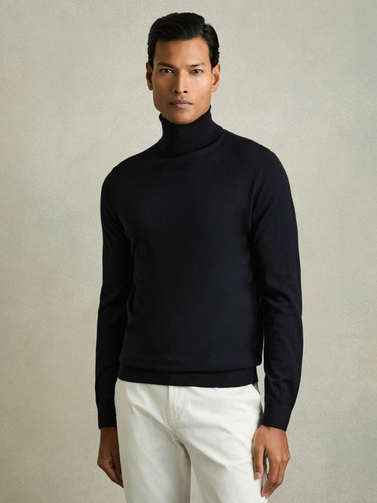 Reiss Slim Fit Merino Wool Roll Neck Jumper in Navy
