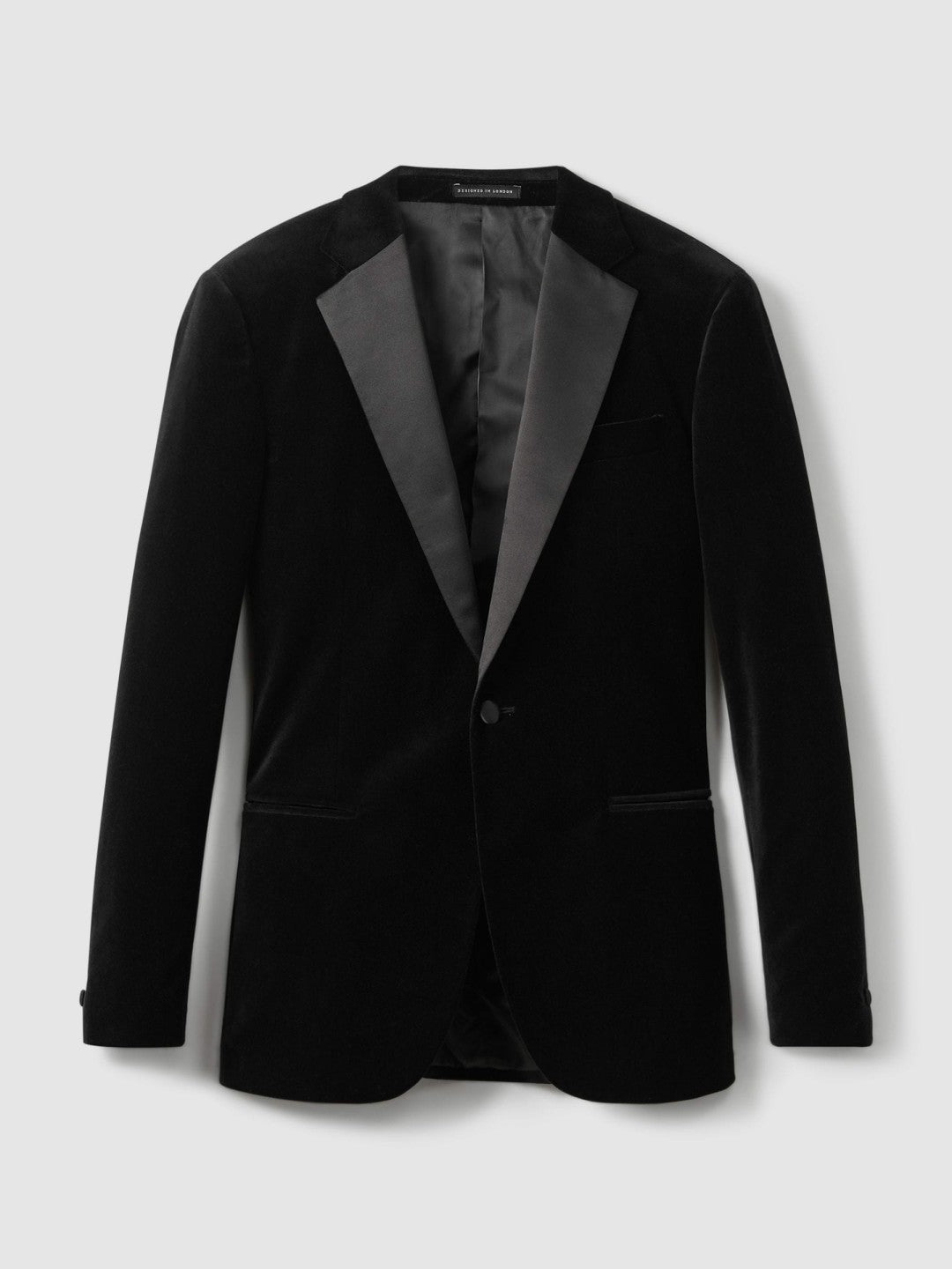 Reiss Velvet Single Breasted Slim Fit Jacket in Black