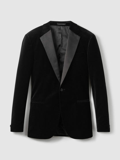 Reiss Velvet Single Breasted Slim Fit Jacket in Black