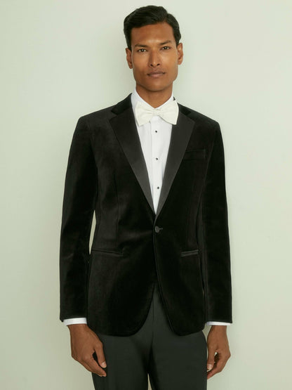 Reiss Velvet Single Breasted Slim Fit Jacket in Black