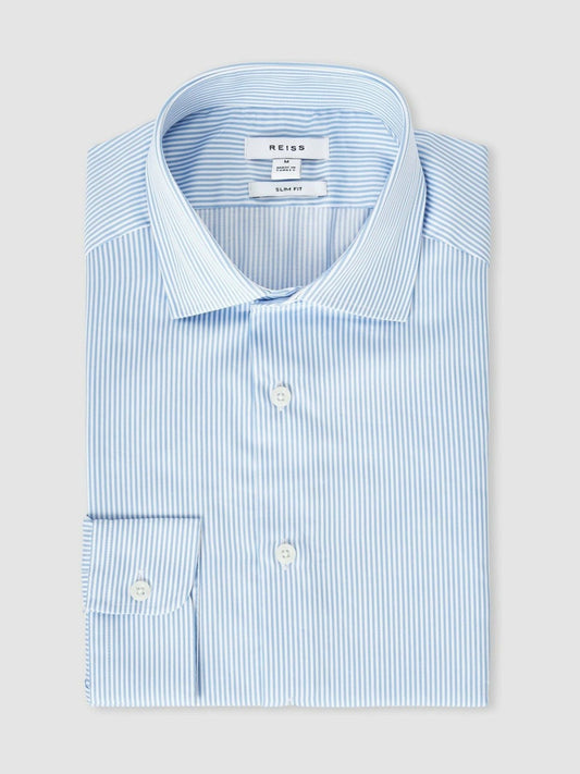 Reiss Slim Fit Cotton-Satin Cutaway-Collar Shirt in Blue Stripe