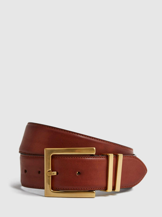 Reiss Leather Square Buckle Belt in Tan