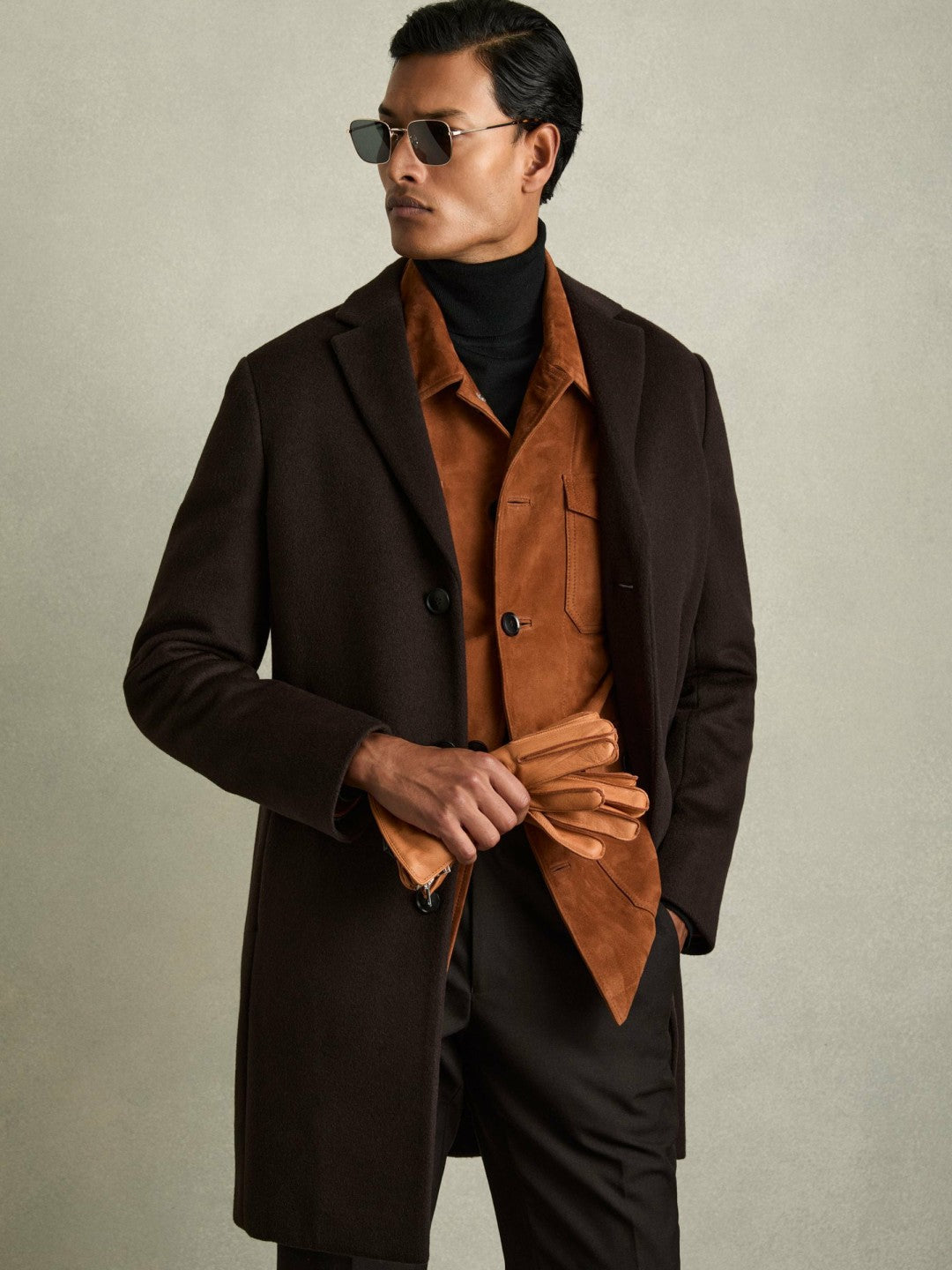 Reiss Leather Zip-Side Gloves in Tan