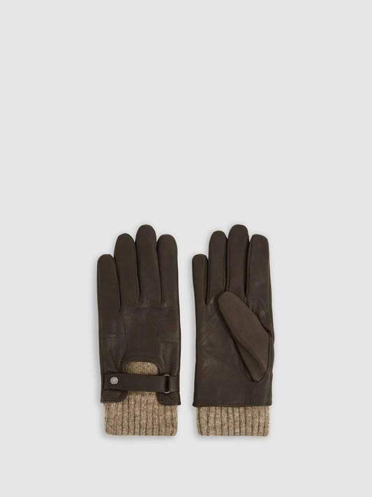 Reiss Leather Ribbed-Cuff Gloves in Dark Brown