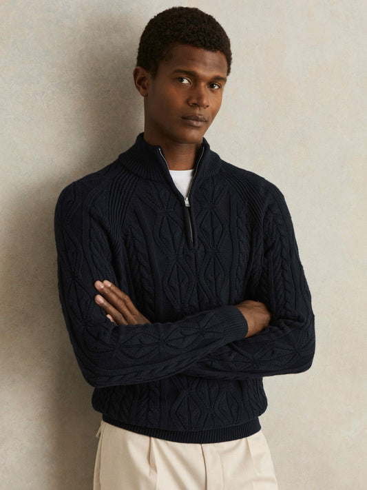 Reiss Cable-Knit Half-Zip Jumper in Navy