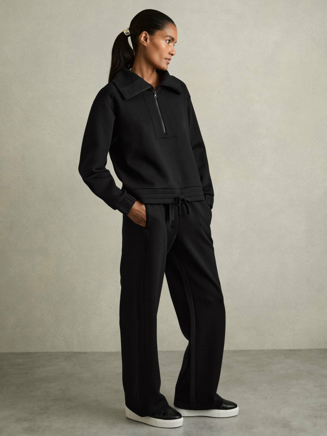 Reiss Interlock Half-Zip Drawstring-Hem Sweatshirt in Black