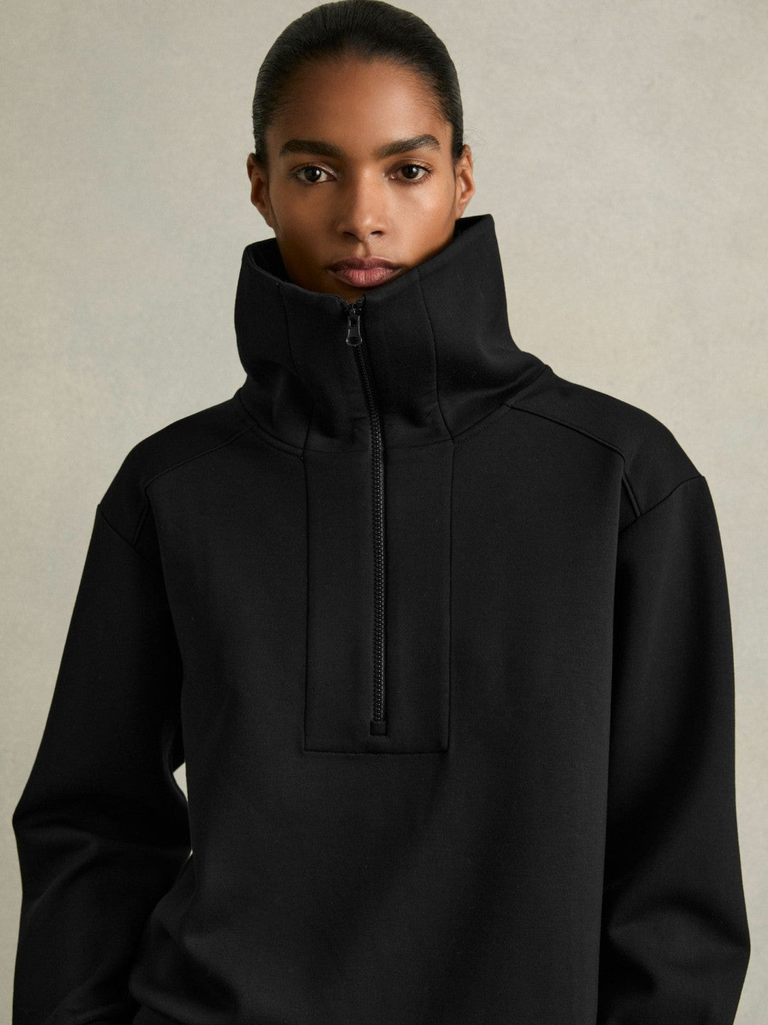 Reiss Interlock Half-Zip Drawstring-Hem Sweatshirt in Black