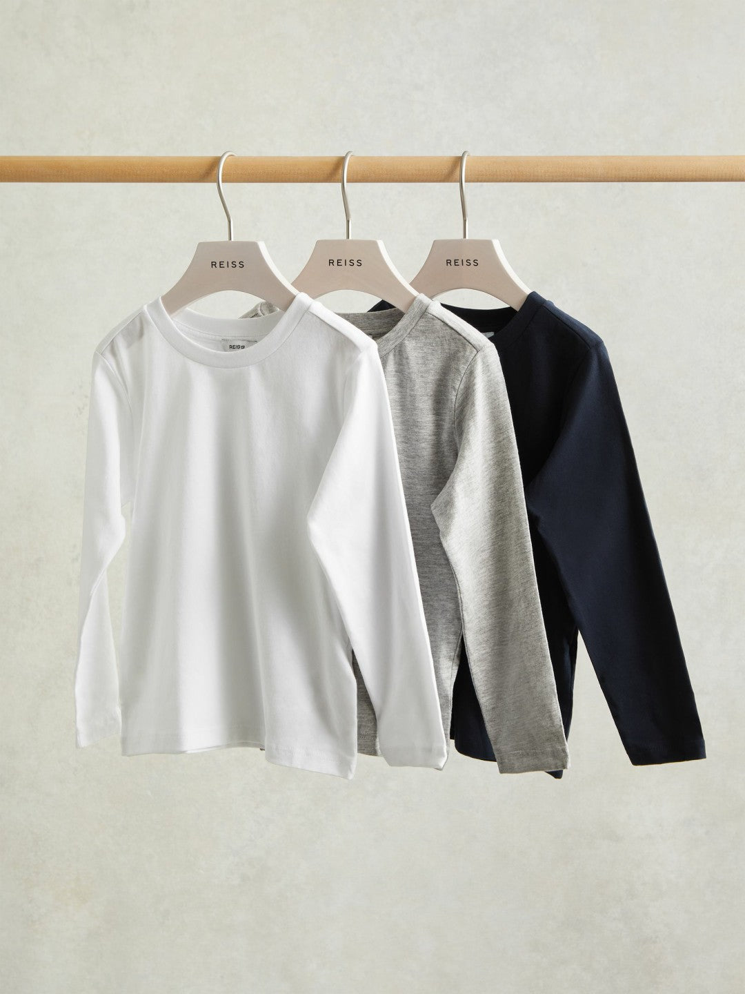 Reiss 3-9 yrs Cotton Jersey Long Sleeve T-Shirts 3 Pack in White/Soft Grey/Navy