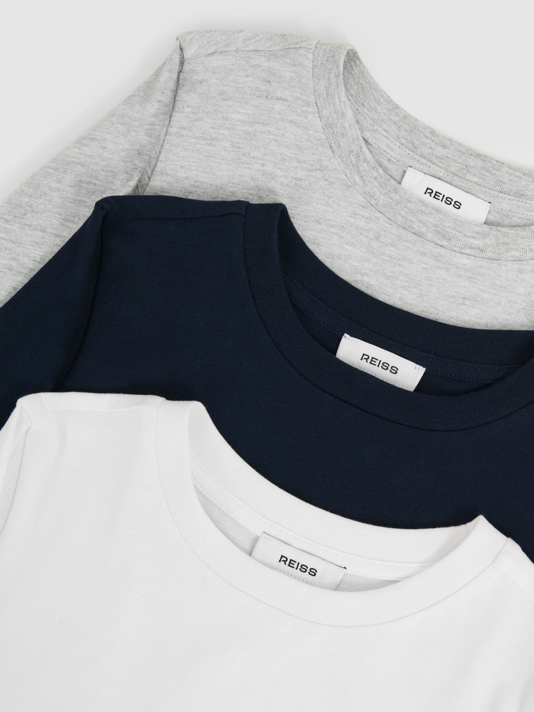 Reiss 3-9 yrs Cotton Jersey Long Sleeve T-Shirts 3 Pack in White/Soft Grey/Navy