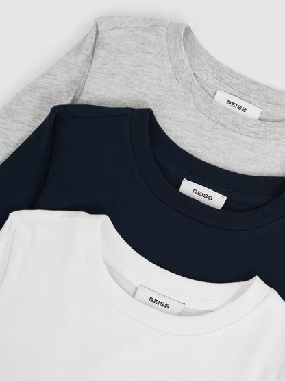 Reiss 9-13 yrs Cotton Jersey Long Sleeve T-Shirts 3 Pack in White/Soft Grey/Navy