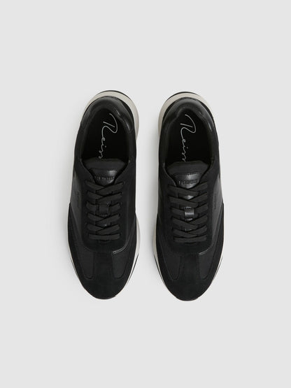 Reiss Leather Suede Running Trainers in Black/White