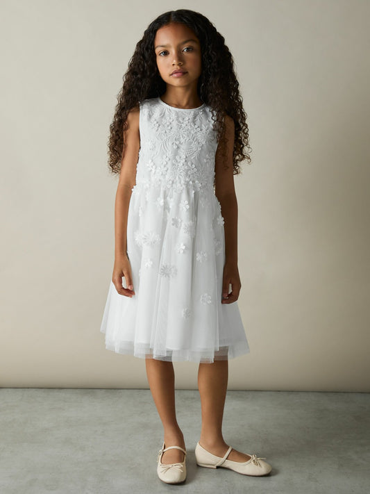 Reiss 4-9 yrs Tulle Floral-Embroidered Bridesmaid Dress in Ivory