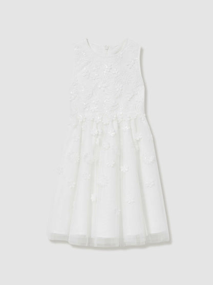 Reiss 9-13 yrs Tulle Floral-Embroidered Bridesmaid Dress in Ivory