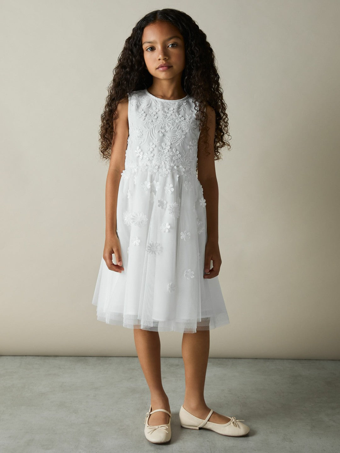 Reiss 9-13 yrs Tulle Floral-Embroidered Bridesmaid Dress in Ivory