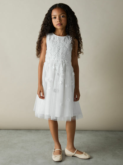 Reiss 9-13 yrs Tulle Floral-Embroidered Bridesmaid Dress in Ivory