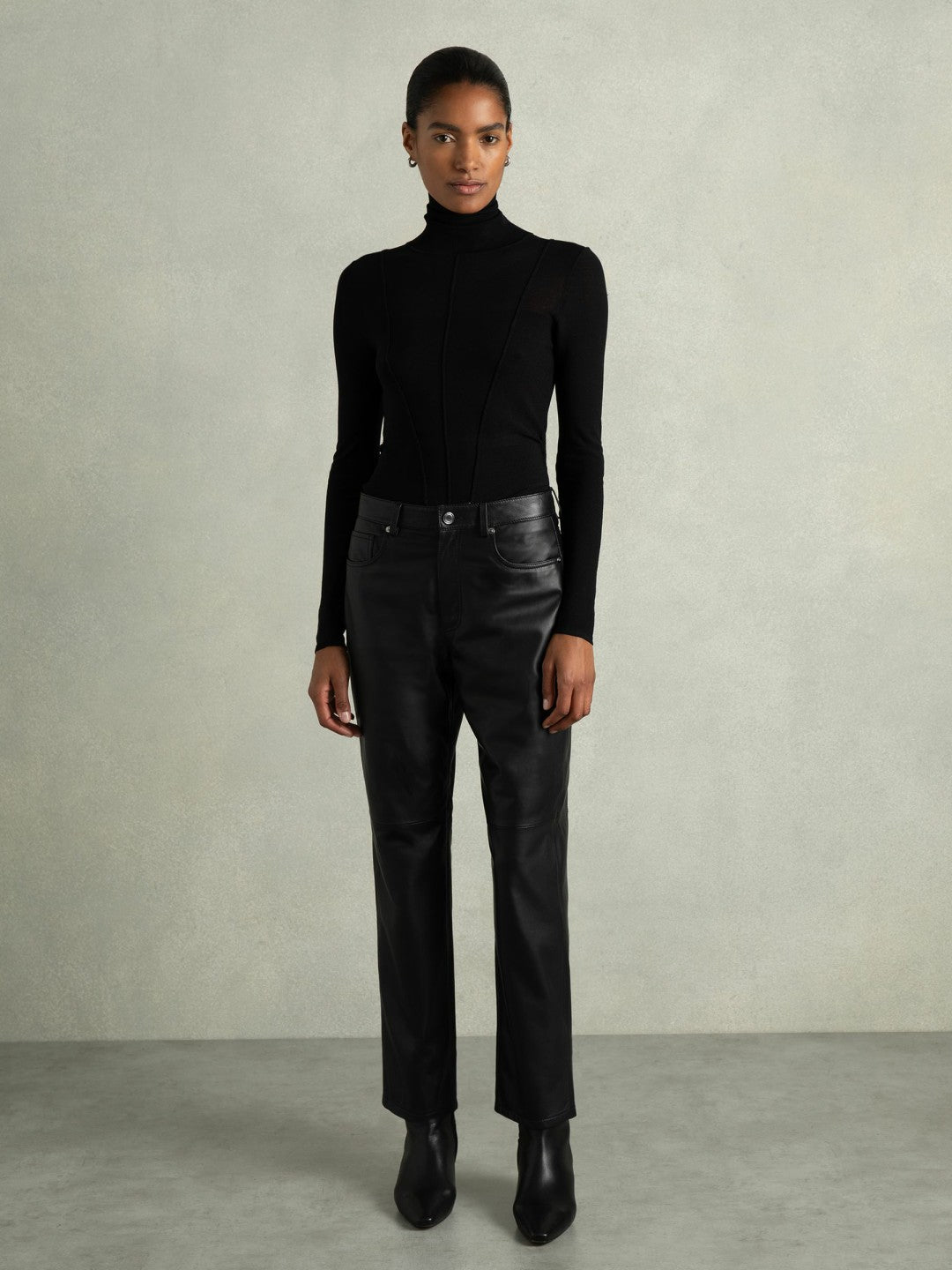 Reiss Leather Slim-Leg Trousers in Black