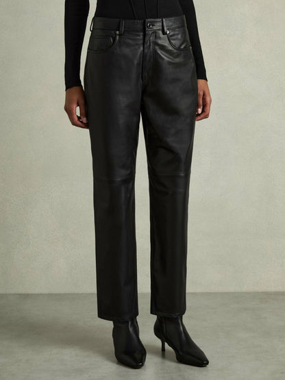 Reiss Leather Slim-Leg Trousers in Black
