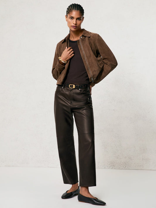 Reiss Leather Slim-Leg Trousers in Chocolate