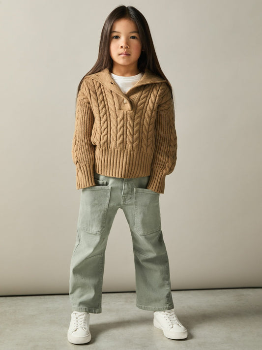Reiss 9-13 yrs Cotton-Blend Open-Collar Cable-Knit Jumper With Wool in Camel